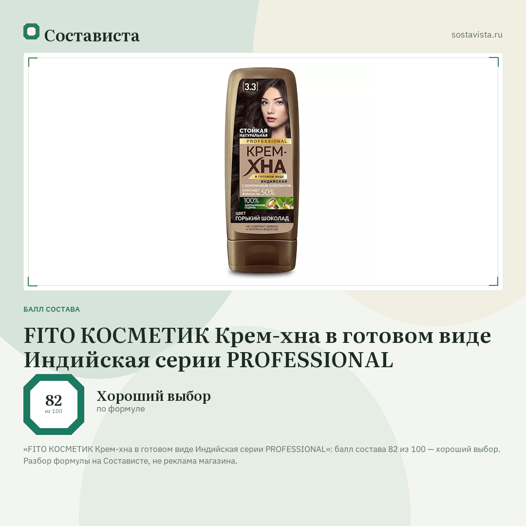 FITO КОСМЕТИК Крем-хна в готовом виде Индийская серии PROFESSIONAL: балл состава 82 из 100 — Состависта