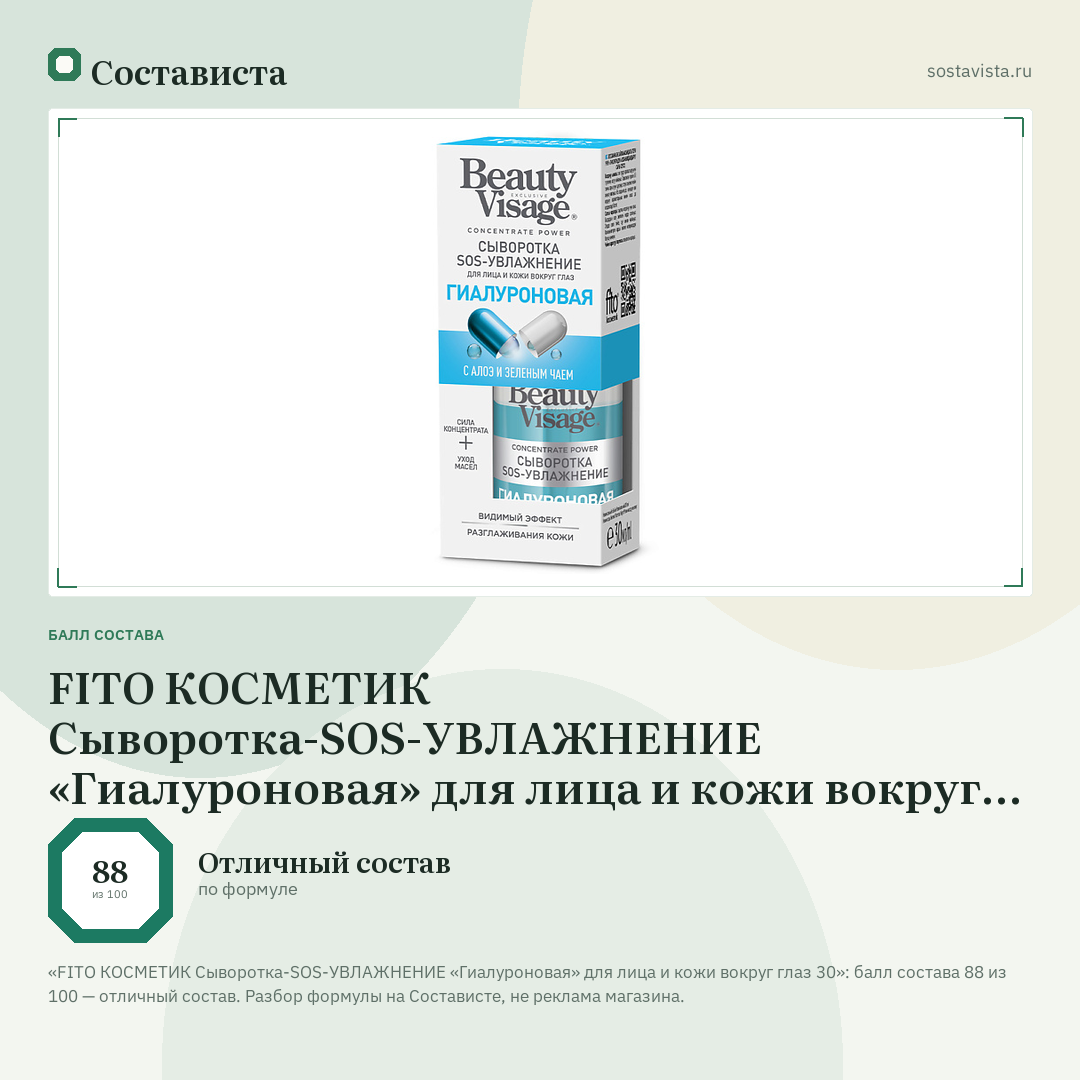 FITO КОСМЕТИК Сыворотка-SOS-УВЛАЖНЕНИЕ «Гиалуроновая» для лица и кожи вокруг глаз 30: балл состава 88 из 100 — Состависта