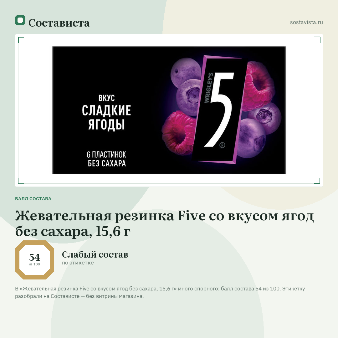 Жевательная резинка Five со вкусом ягод без сахара, 15,6 г: балл состава 54 из 100 — Состависта