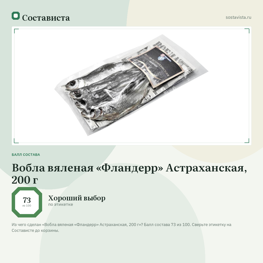 Вобла вяленая «Фландерр» Астраханская, 200 г: балл состава 73 из 100 — Состависта