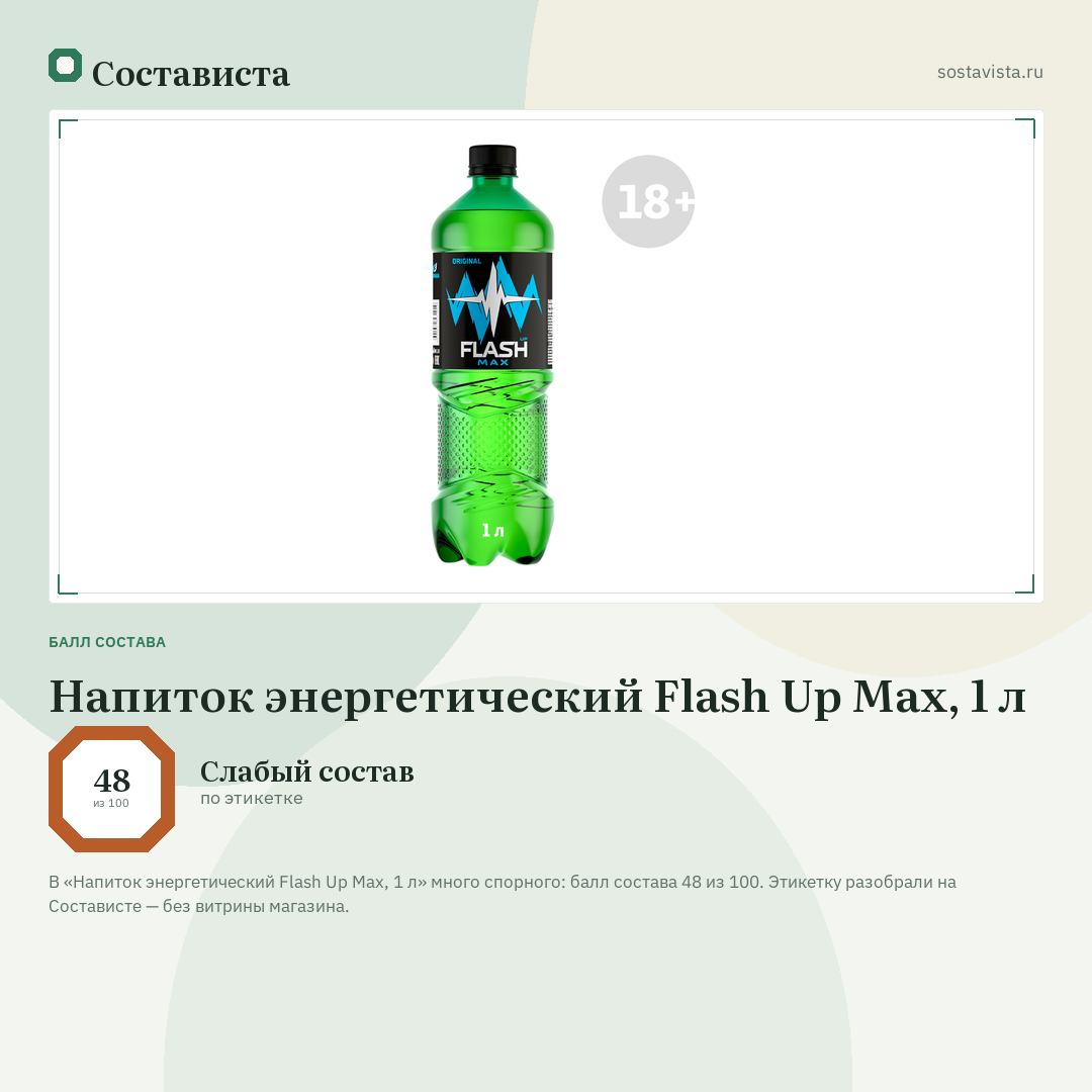 Напиток энергетический Flash Up Max, 1 л: балл состава 48 из 100 — Состависта