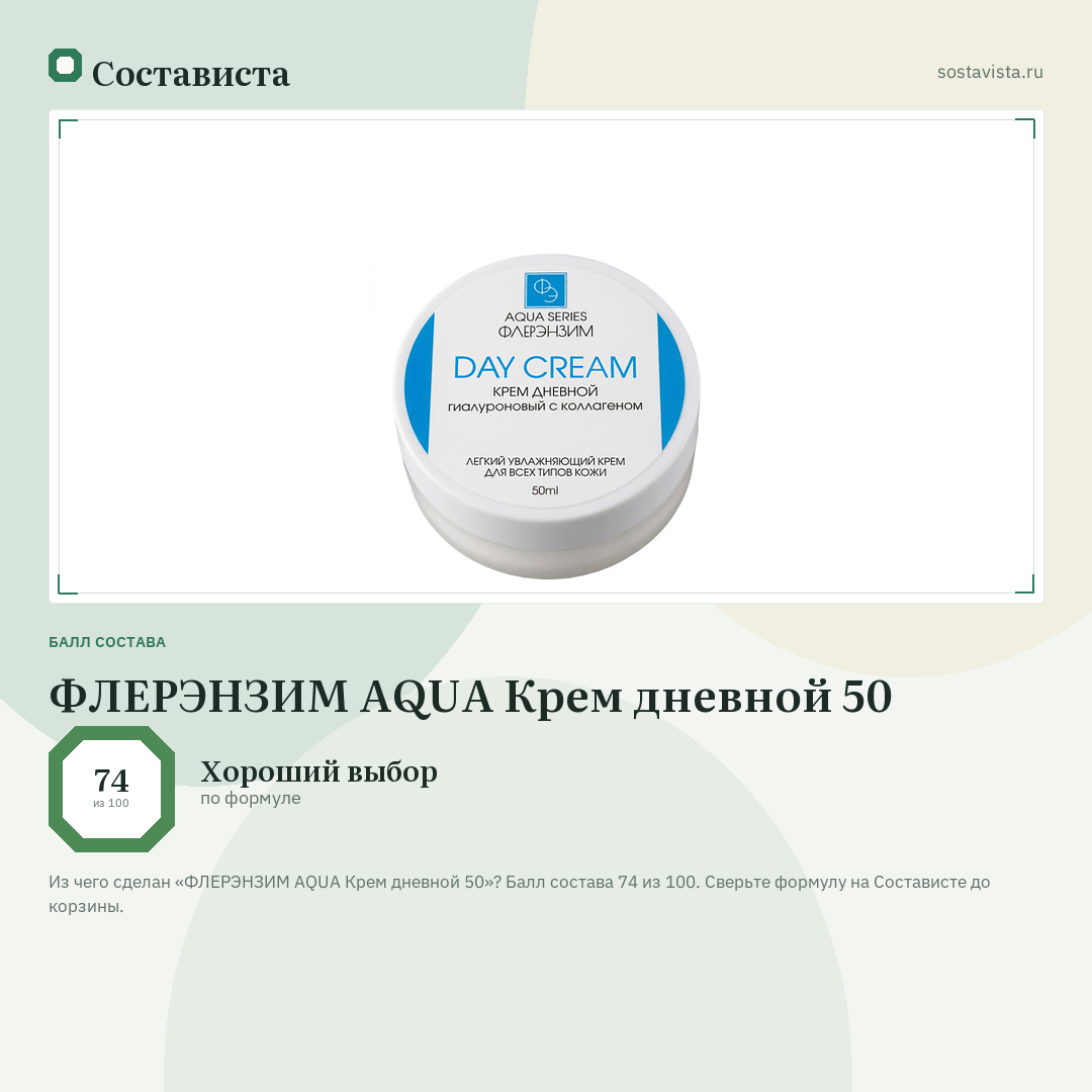 ФЛЕРЭНЗИМ AQUA Крем дневной 50: балл состава 74 из 100 — Состависта