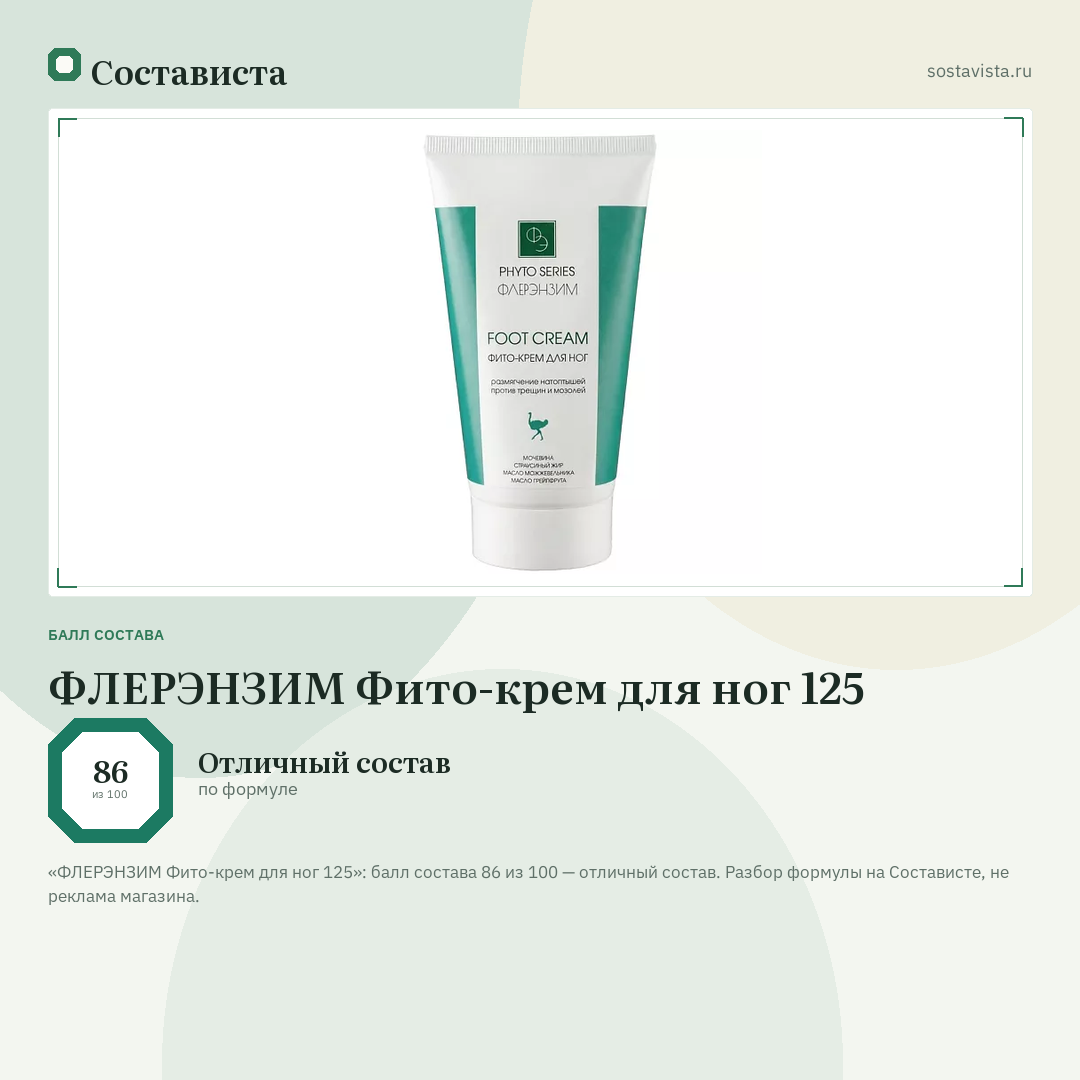 ФЛЕРЭНЗИМ Фито-крем для ног 125: балл состава 86 из 100 — Состависта