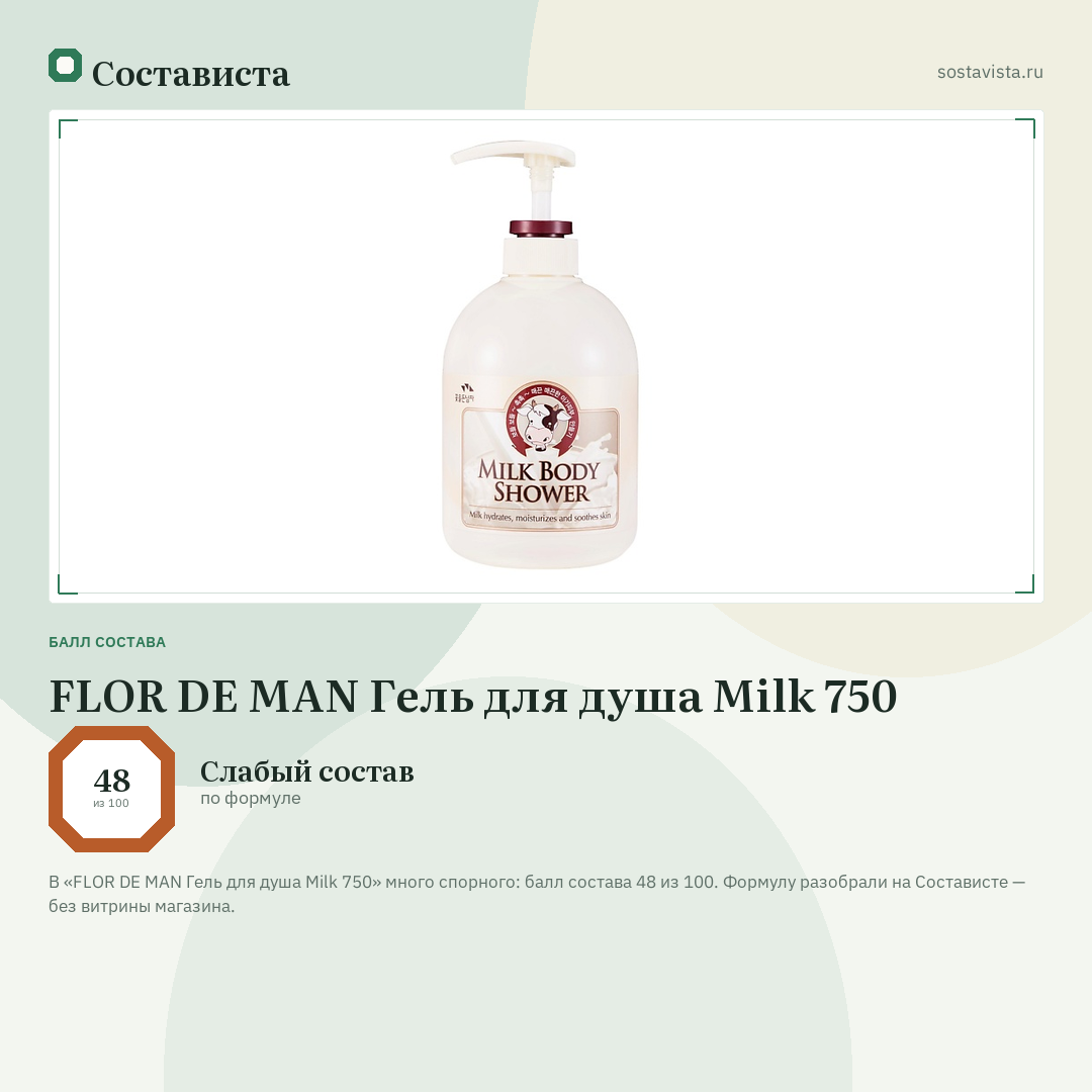 FLOR DE MAN Гель для душа Milk 750: балл состава 48 из 100 — Состависта