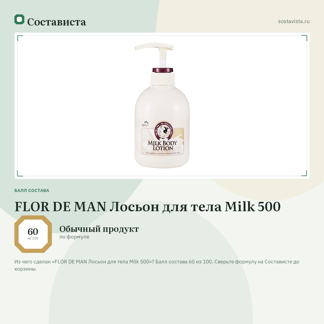 FLOR DE MAN Лосьон для тела Milk 500: балл состава 60 из 100 — Состависта