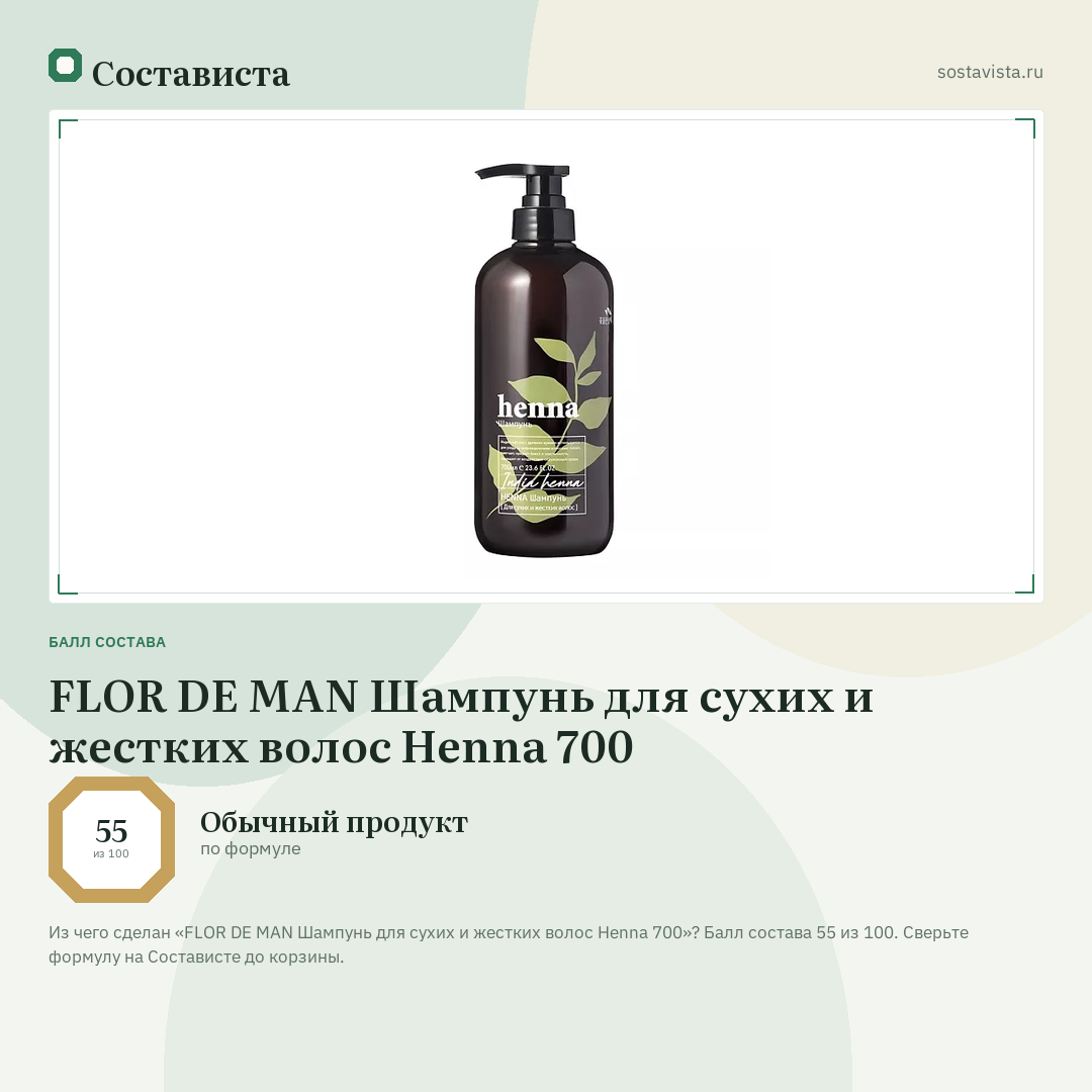 FLOR DE MAN Шампунь для сухих и жестких волос Henna 700: балл состава 55 из 100 — Состависта