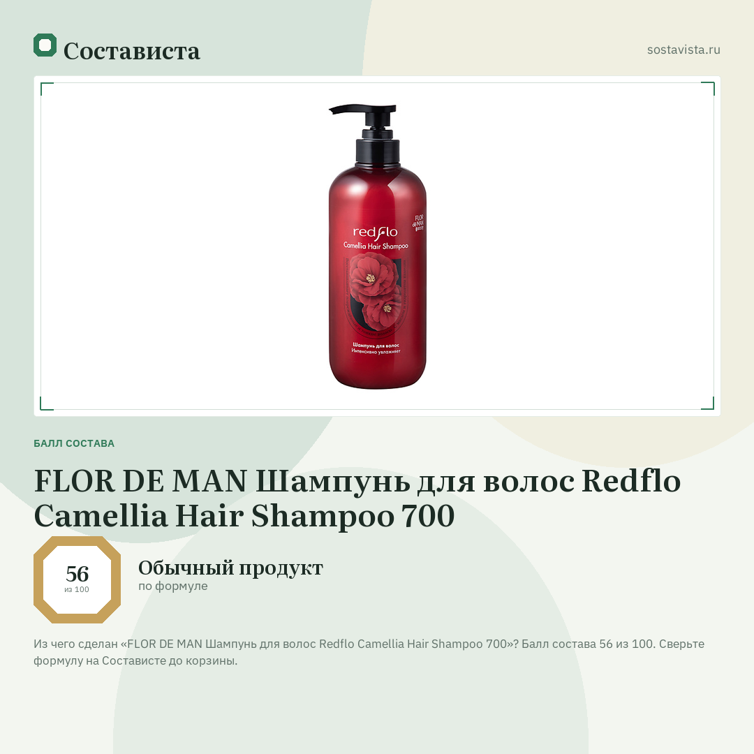 FLOR DE MAN Шампунь для волос Redflo Camellia Hair Shampoo 700: балл состава 56 из 100 — Состависта
