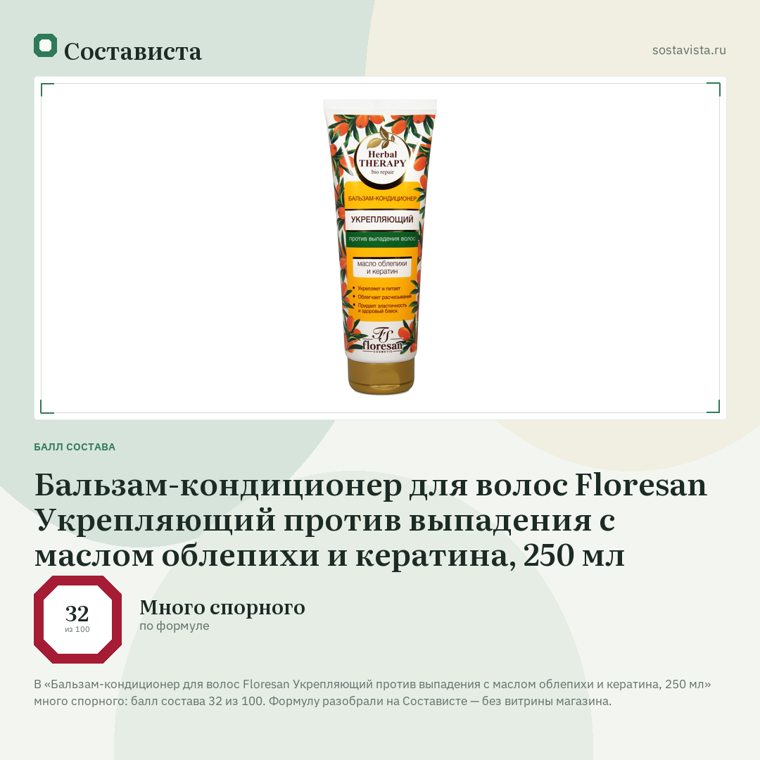 Бальзам-кондиционер для волос Floresan Укрепляющий против выпадения с маслом облепихи и кератина, 250 мл: балл состава 32 из 100 — Состависта