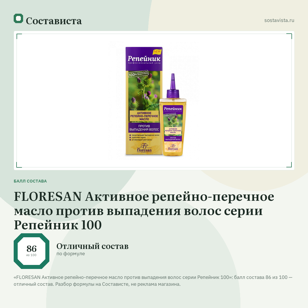 FLORESAN Активное репейно-перечное масло против выпадения волос серии Репейник 100: балл состава 86 из 100 — Состависта