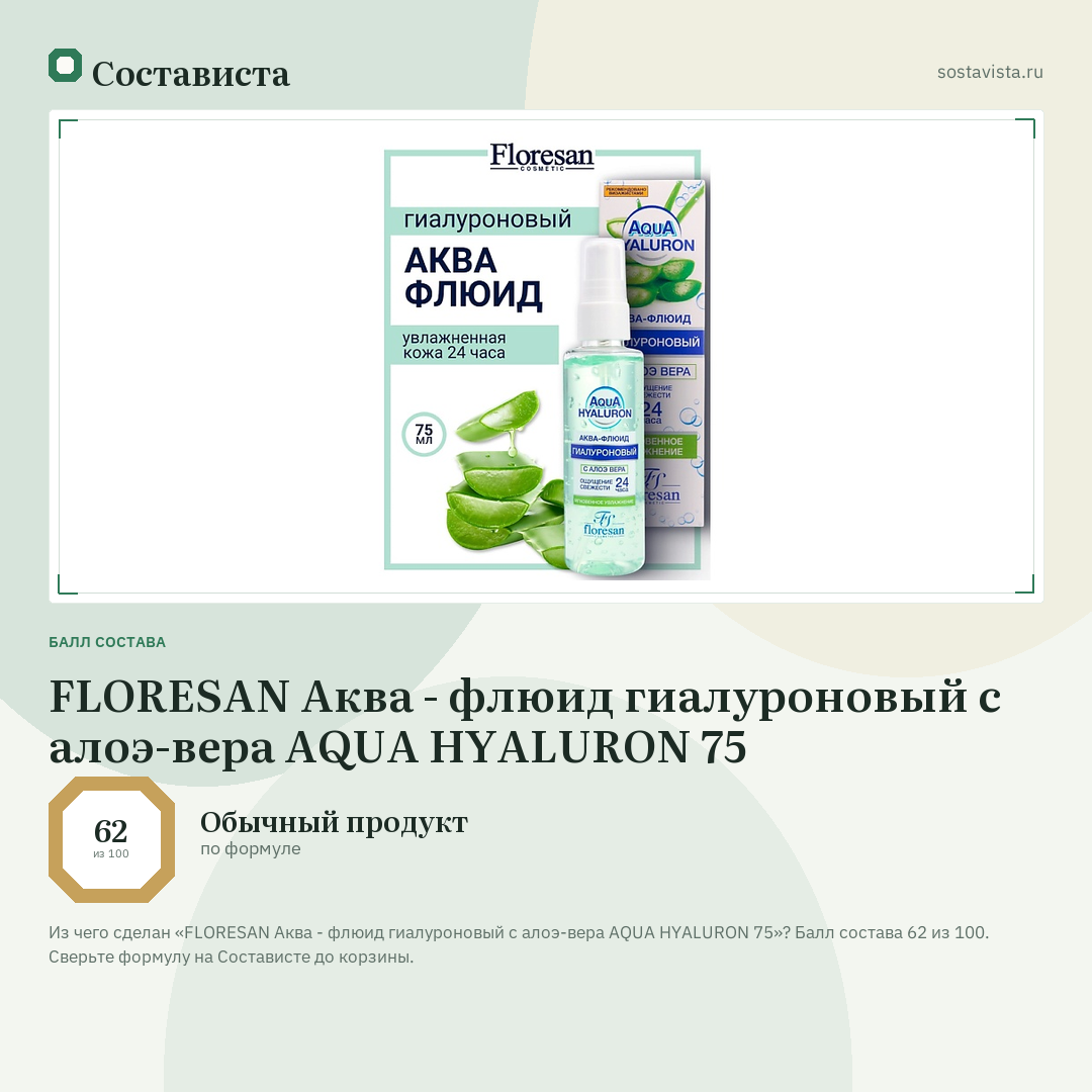FLORESAN Аква - флюид гиалуроновый с алоэ-вера AQUA HYALURON 75: балл состава 62 из 100 — Состависта