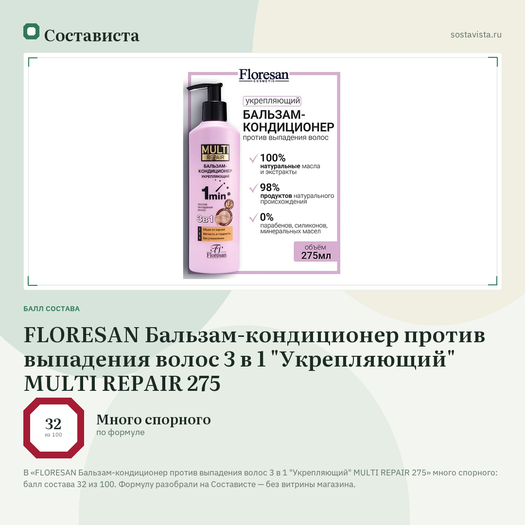 FLORESAN Бальзам-кондиционер против выпадения волос 3 в 1 "Укрепляющий" MULTI REPAIR 275: балл состава 32 из 100 — Состависта