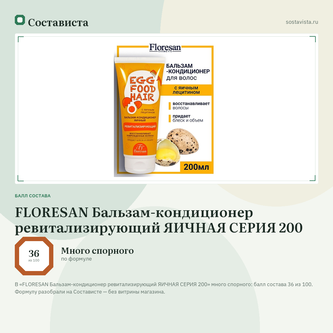 FLORESAN Бальзам-кондиционер ревитализирующий ЯИЧНАЯ СЕРИЯ 200: балл состава 36 из 100 — Состависта