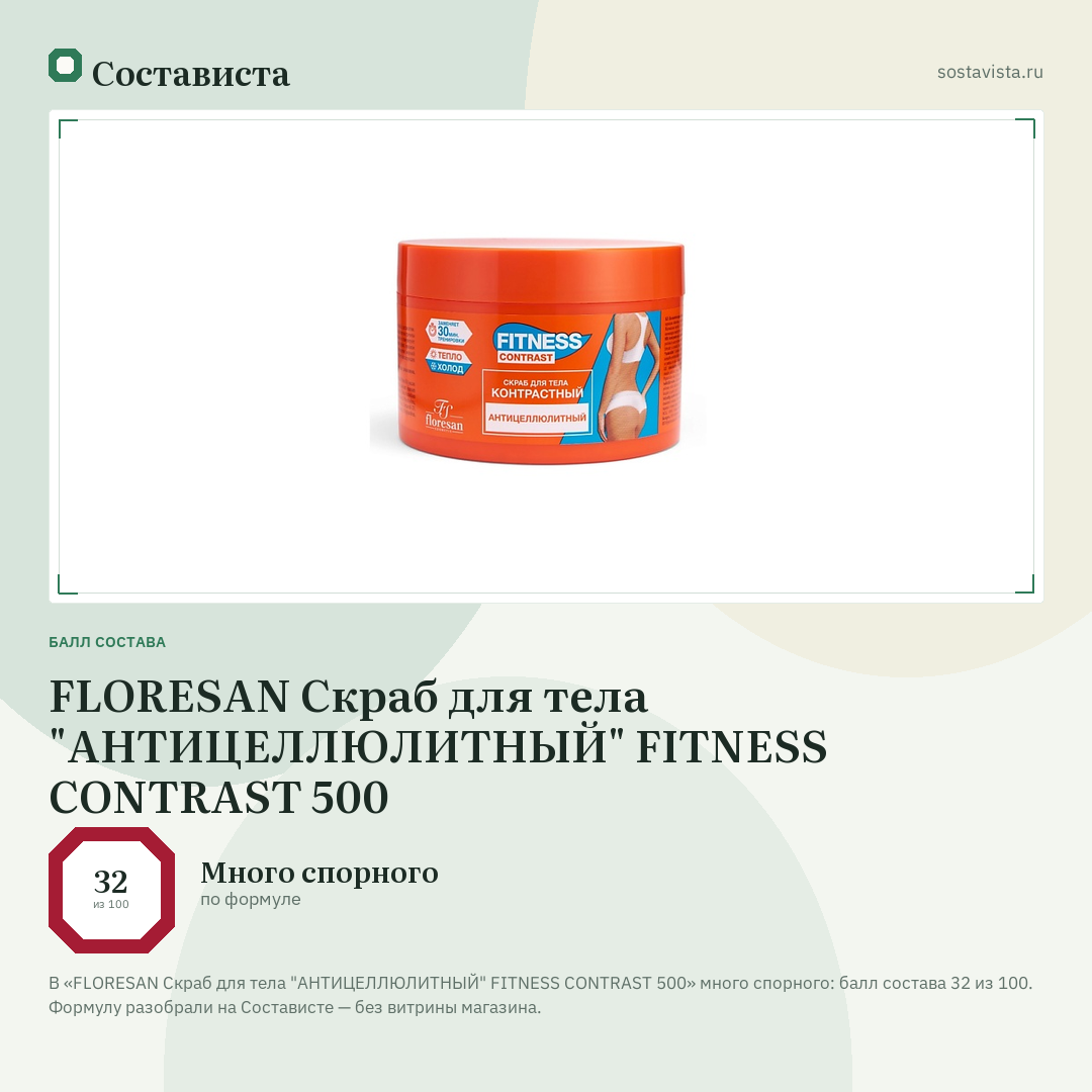 FLORESAN Cкраб для тела "АНТИЦЕЛЛЮЛИТНЫЙ" FITNESS CONTRAST 500: балл состава 32 из 100 — Состависта