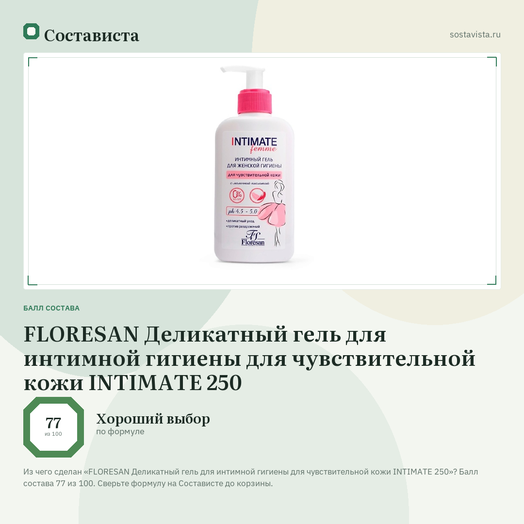 FLORESAN Деликатный гель для интимной гигиены для чувствительной кожи INTIMATE 250: балл состава 77 из 100 — Состависта