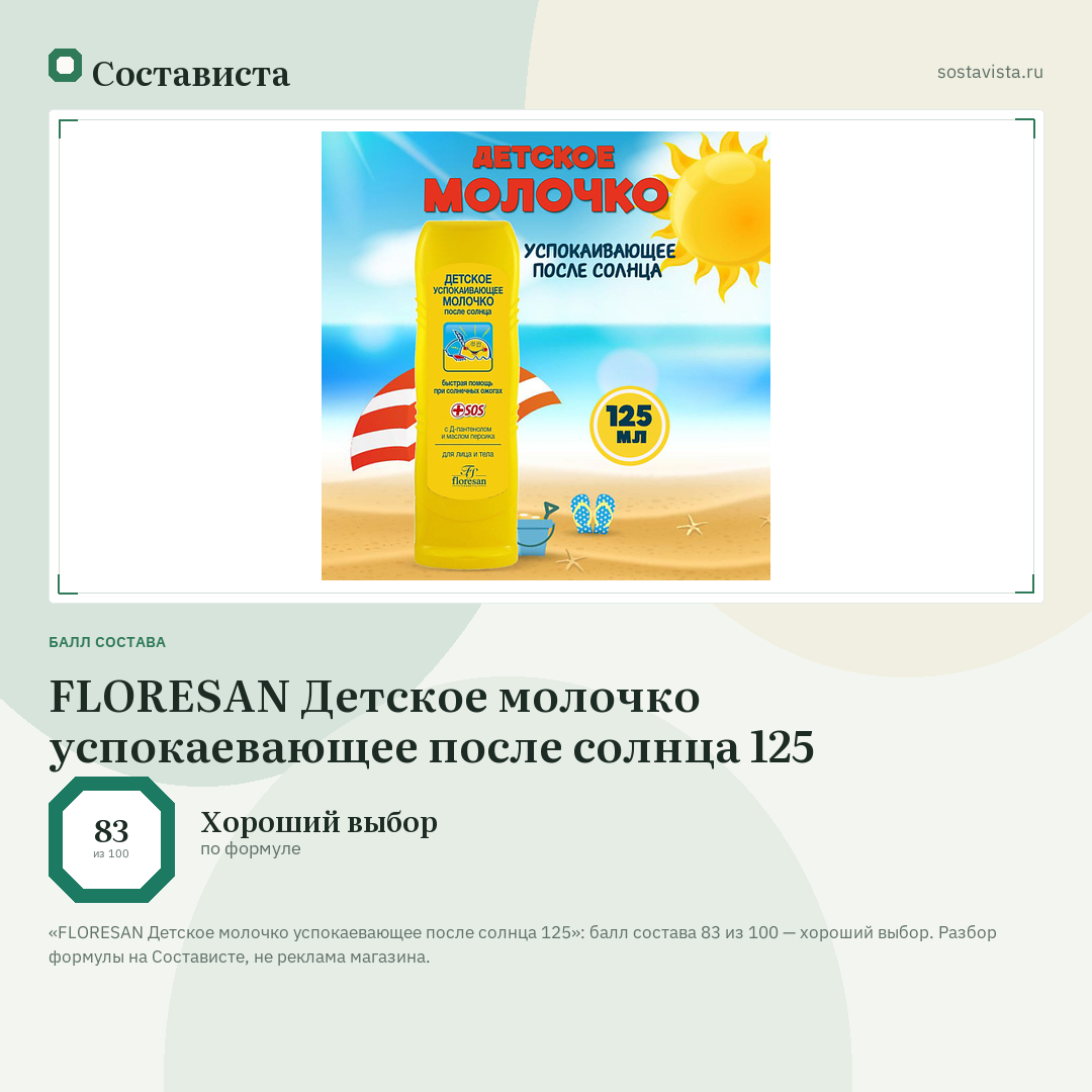 FLORESAN Детское молочко успокаевающее после солнца 125: балл состава 83 из 100 — Состависта