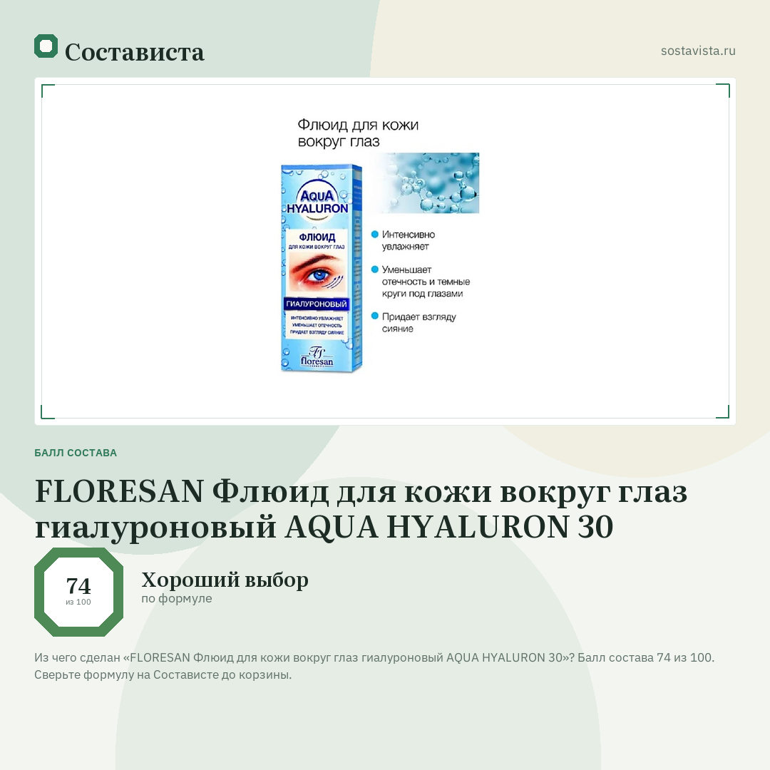 FLORESAN Флюид для кожи вокруг глаз гиалуроновый AQUA HYALURON 30: балл состава 74 из 100 — Состависта