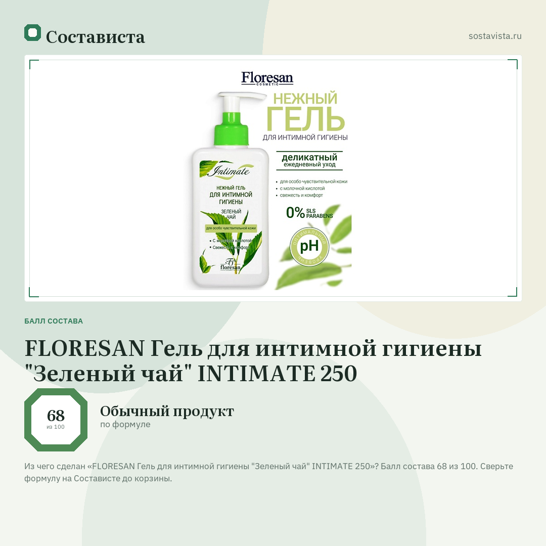FLORESAN Гель для интимной гигиены "Зеленый чай" INTIMATE 250: балл состава 68 из 100 — Состависта