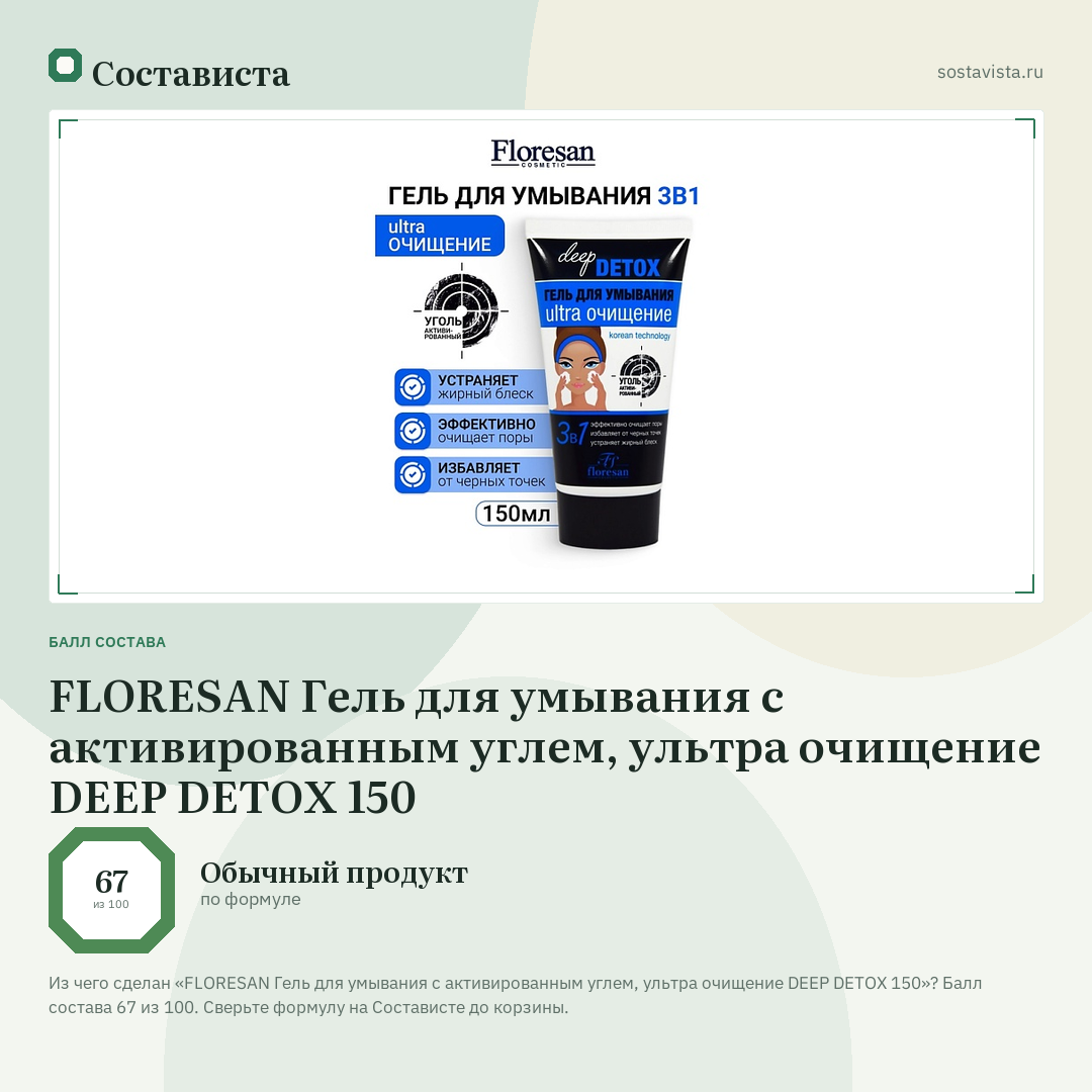 FLORESAN Гель для умывания с активированным углем, ультра очищение DEEP DETOX 150: балл состава 67 из 100 — Состависта