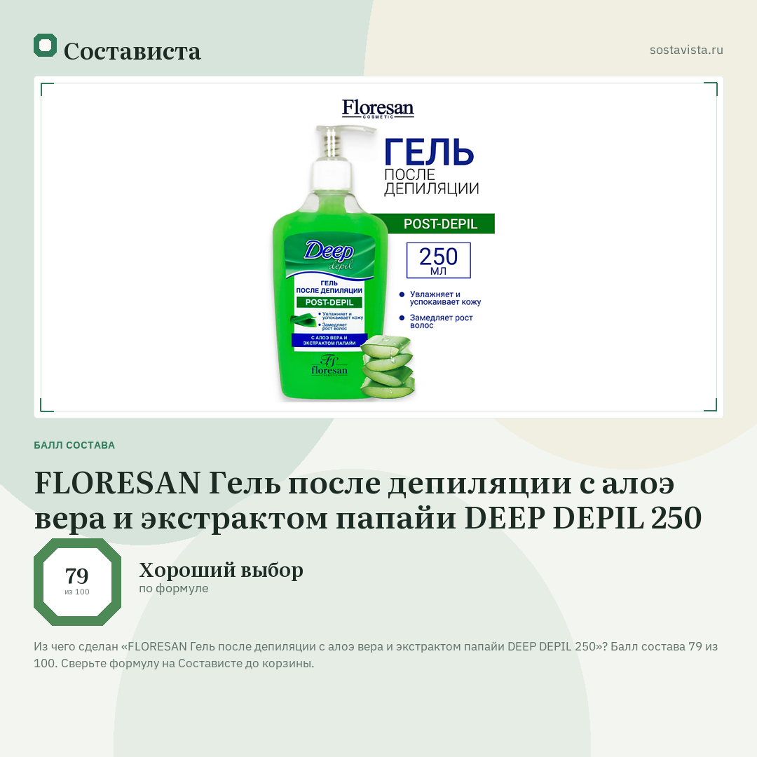 FLORESAN Гель после депиляции с алоэ вера и экстрактом папайи DEEP DEPIL 250: балл состава 79 из 100 — Состависта