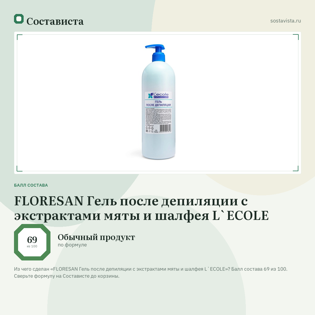 FLORESAN Гель после депиляции с экстрактами мяты и шалфея L`ECOLE: балл состава 69 из 100 — Состависта