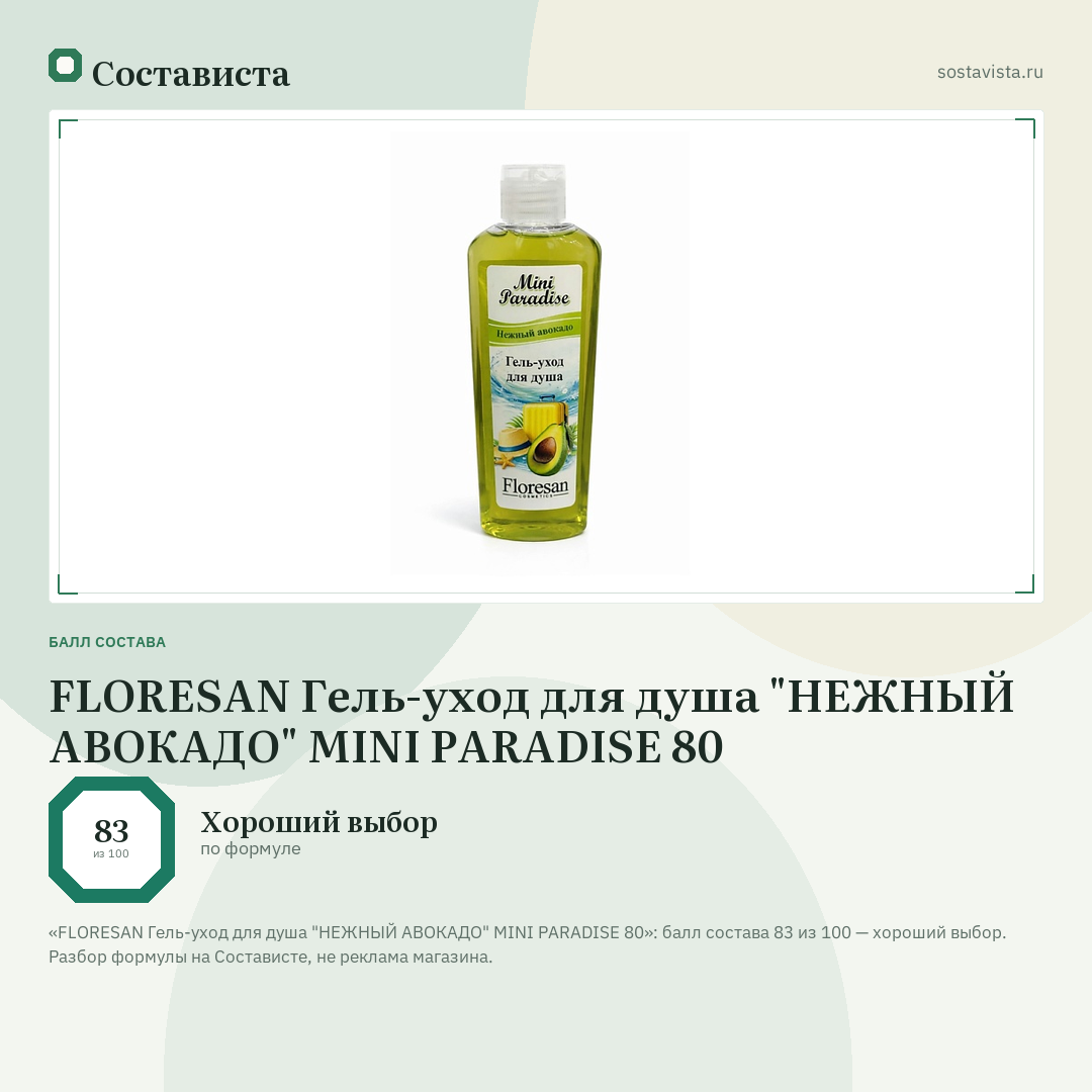 FLORESAN Гель-уход для душа "НЕЖНЫЙ АВОКАДО" MINI PARADISE 80: балл состава 83 из 100 — Состависта