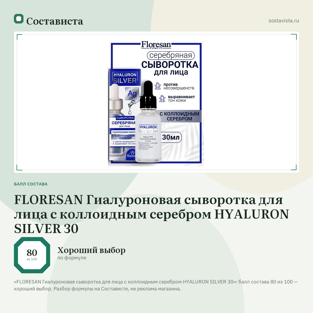 FLORESAN Гиалуроновая сыворотка для лица c коллоидным серебром HYALURON SILVER 30: балл состава 80 из 100 — Состависта