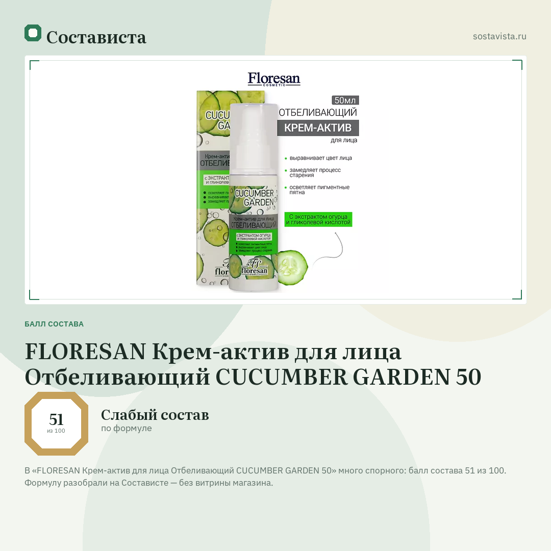 FLORESAN Крем-актив для лица Отбеливающий CUCUMBER GARDEN 50: балл состава 51 из 100 — Состависта