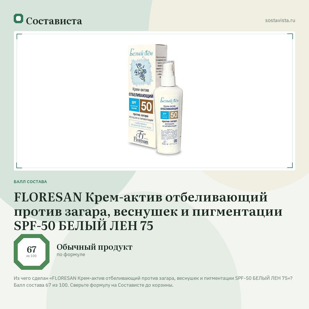 FLORESAN Крем-актив отбеливающий против загара, веснушек и пигментации SPF-50 БЕЛЫЙ ЛЕН 75: балл состава 67 из 100 — Состависта