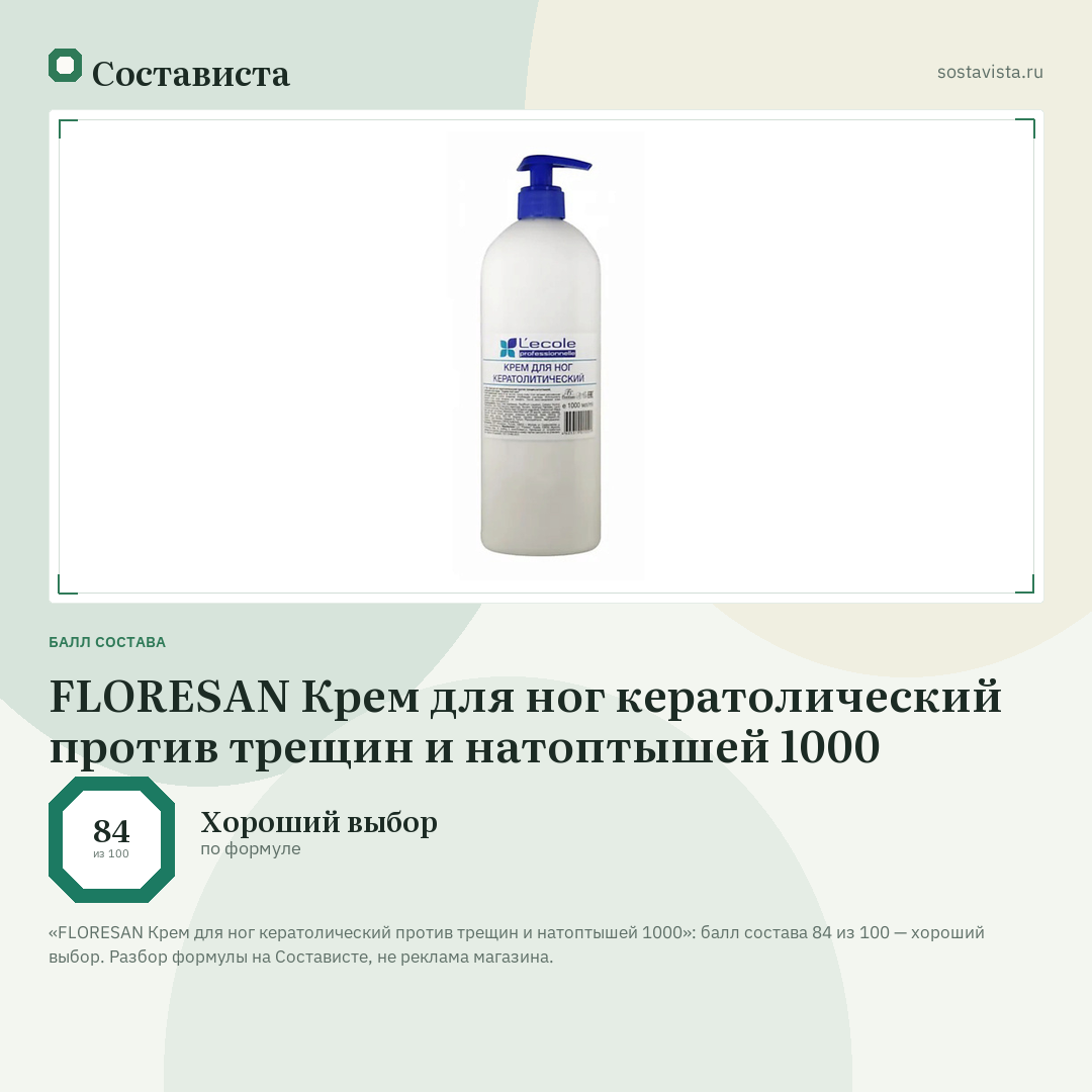 FLORESAN Крем для ног кератолический против трещин и натоптышей 1000: балл состава 84 из 100 — Состависта