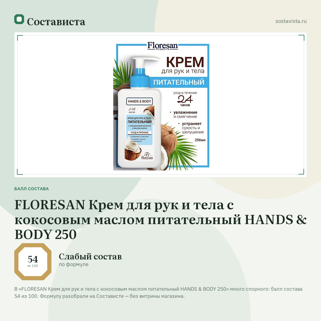 FLORESAN Крем для рук и тела с кокосовым маслом питательный HANDS & BODY 250: балл состава 54 из 100 — Состависта