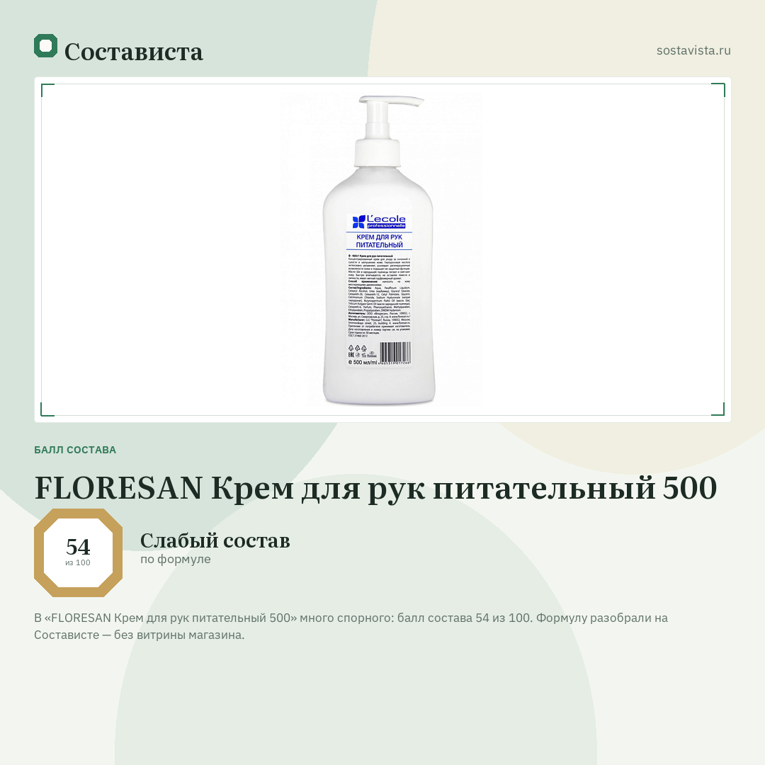 FLORESAN Крем для рук питательный 500: балл состава 54 из 100 — Состависта