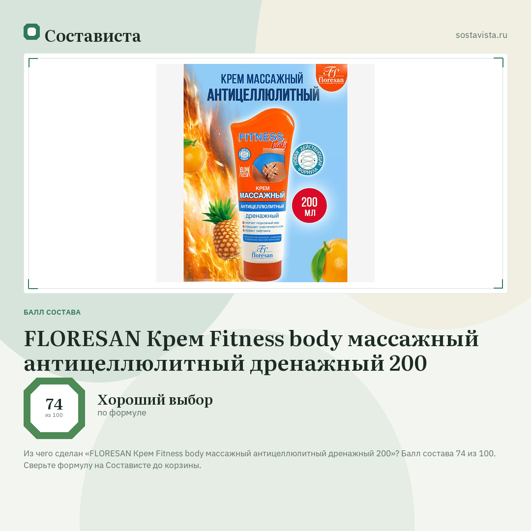 FLORESAN Крем Fitness body массажный антицеллюлитный дренажный 200: балл состава 74 из 100 — Состависта