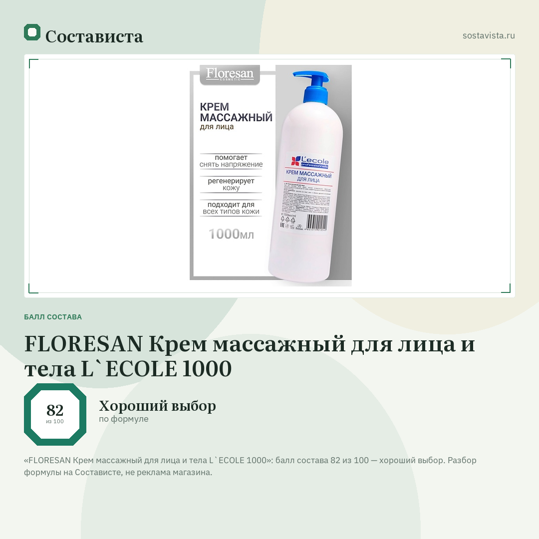FLORESAN Крем массажный для лица и тела L`ECOLE 1000: балл состава 82 из 100 — Состависта