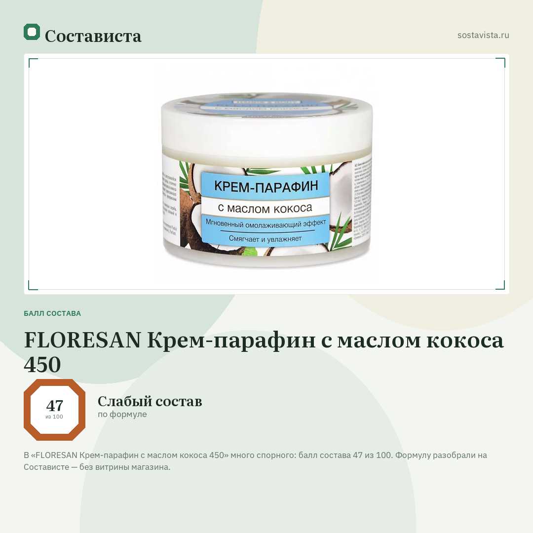 FLORESAN Крем-парафин с маслом кокоса 450: балл состава 47 из 100 — Состависта