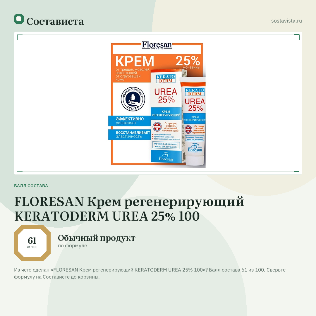 FLORESAN Крем регенерирующий KERATODERM UREA 25% 100: балл состава 61 из 100 — Состависта