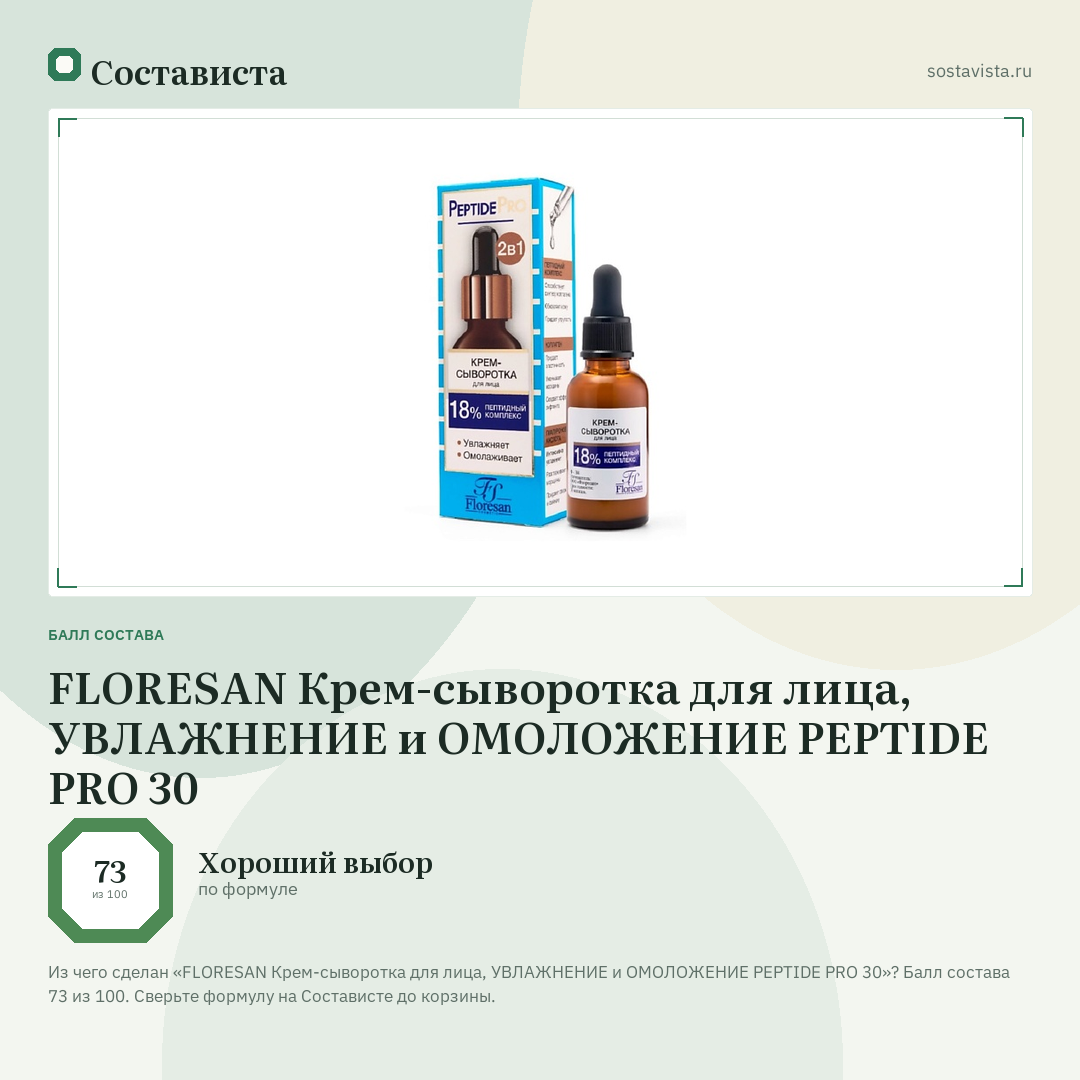 FLORESAN Крем-сыворотка для лица, УВЛАЖНЕНИЕ и ОМОЛОЖЕНИЕ PEPTIDE PRO 30: балл состава 73 из 100 — Состависта
