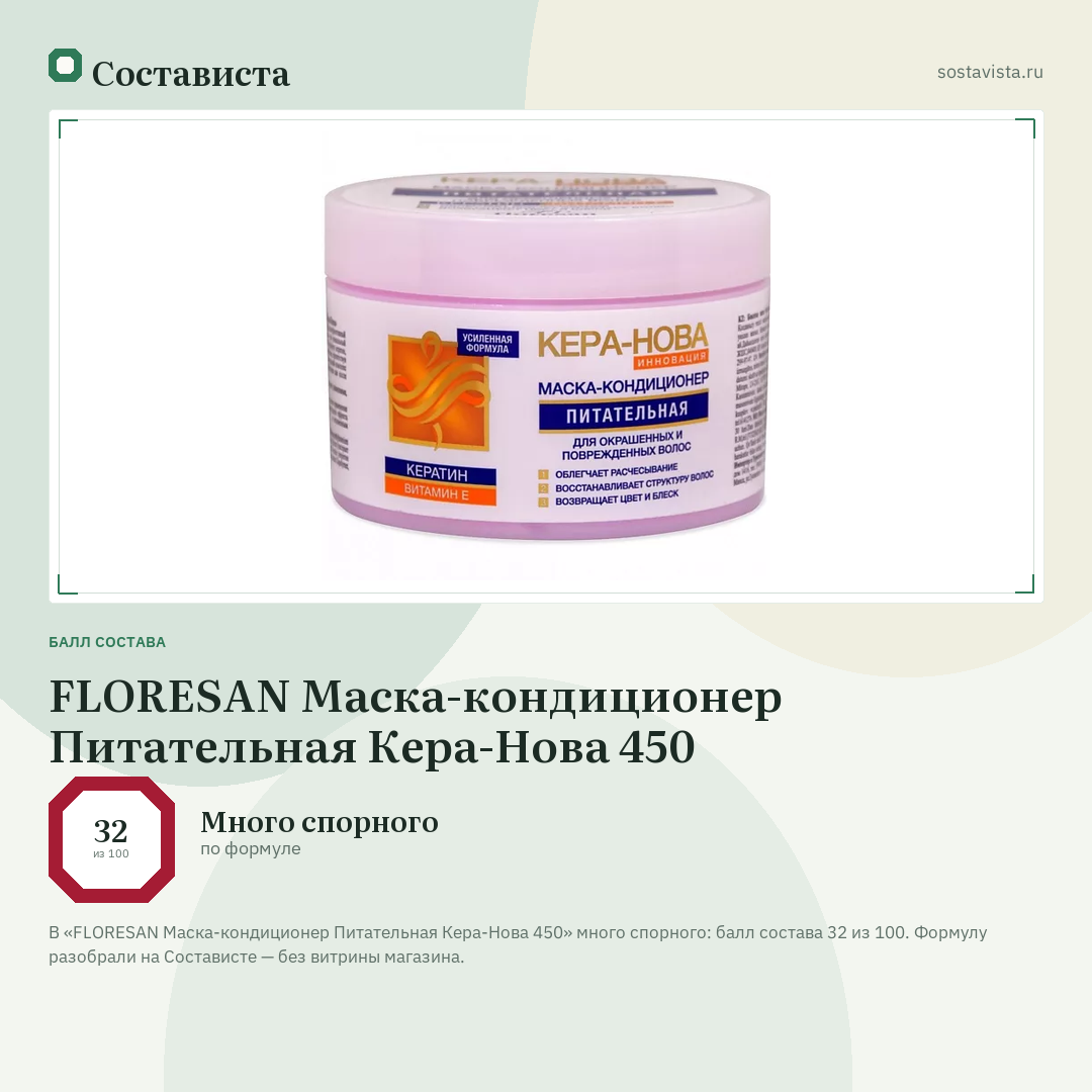 FLORESAN Маска-кондиционер Питательная Кера-Нова 450: балл состава 32 из 100 — Состависта