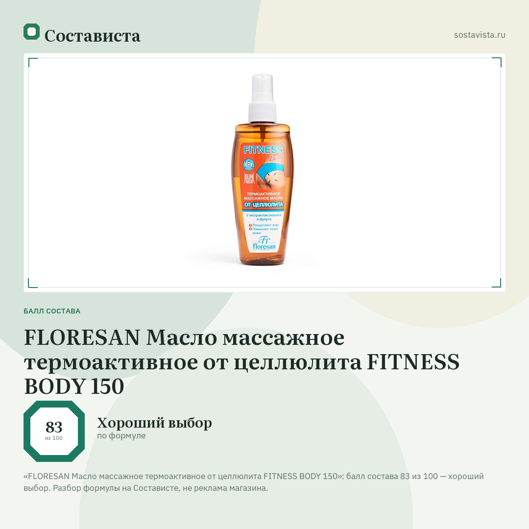 FLORESAN Масло массажное термоактивное от целлюлита FITNESS BODY 150: балл состава 83 из 100 — Состависта