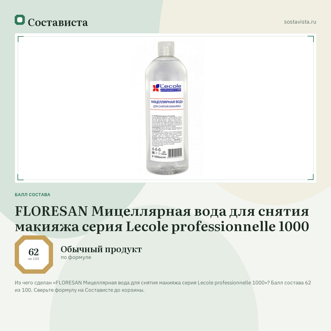 FLORESAN Мицеллярная вода для снятия макияжа серия Lecole professionnelle 1000: балл состава 62 из 100 — Состависта
