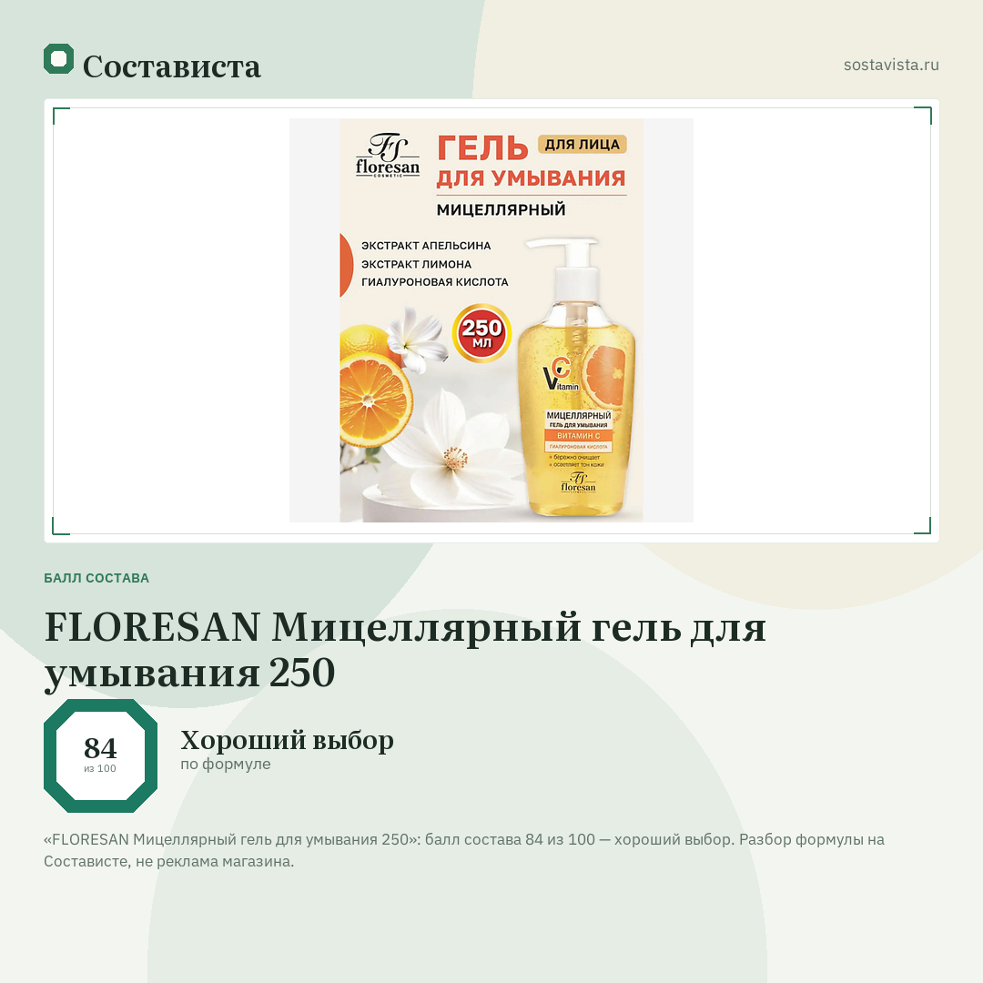 FLORESAN Мицеллярный гель для умывания 250: балл состава 84 из 100 — Состависта