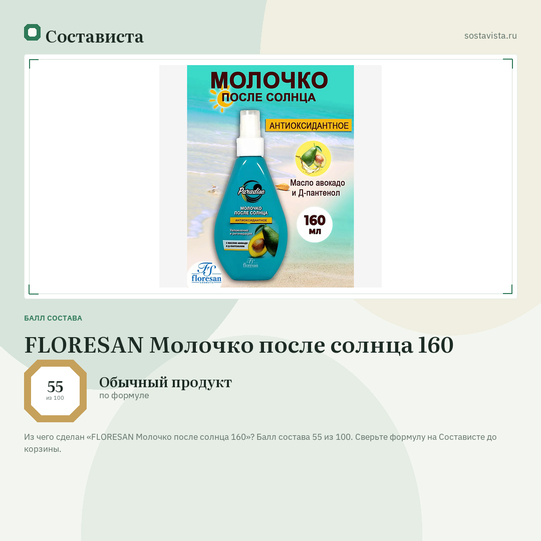 FLORESAN Молочко после солнца 160: балл состава 55 из 100 — Состависта