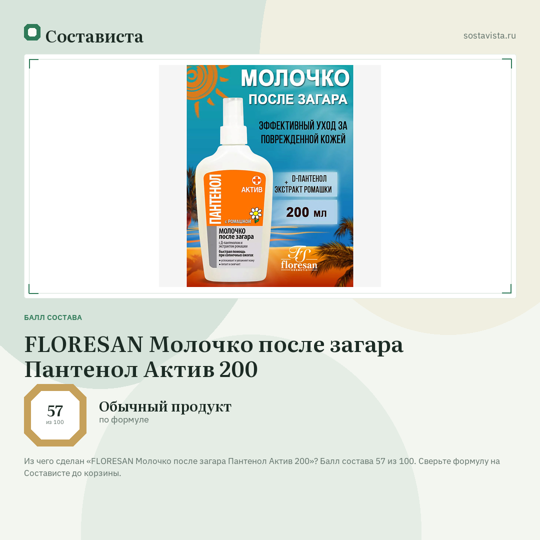 FLORESAN Молочко после загара Пантенол Актив 200: балл состава 57 из 100 — Состависта