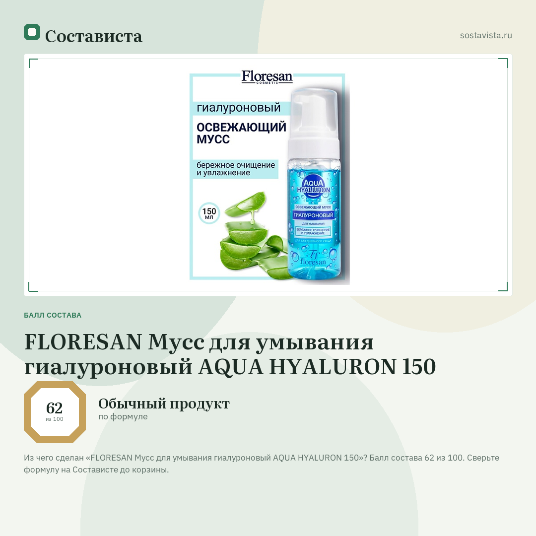 FLORESAN Мусс для умывания гиалуроновый AQUA HYALURON 150: балл состава 62 из 100 — Состависта