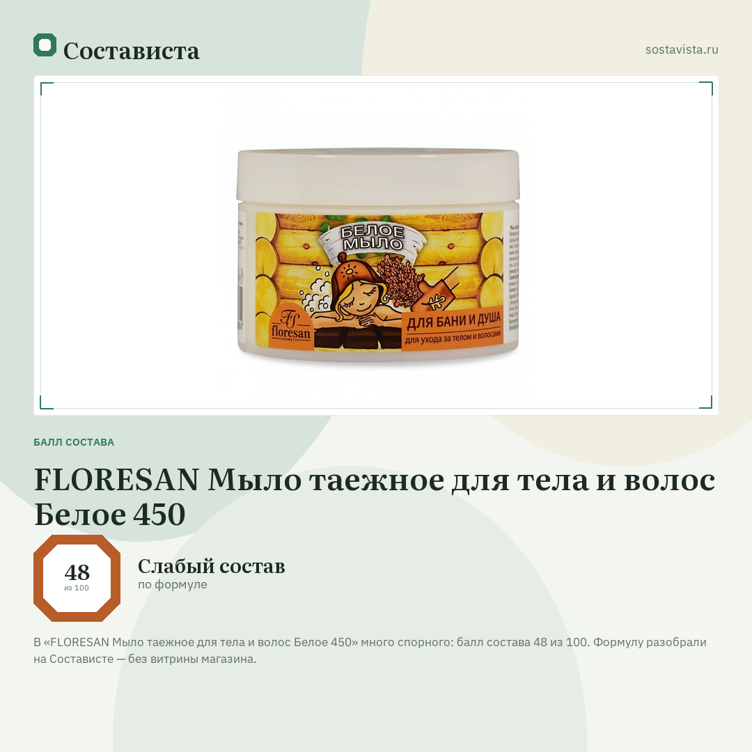 FLORESAN Мыло таежное для тела и волос Белое 450: балл состава 48 из 100 — Состависта
