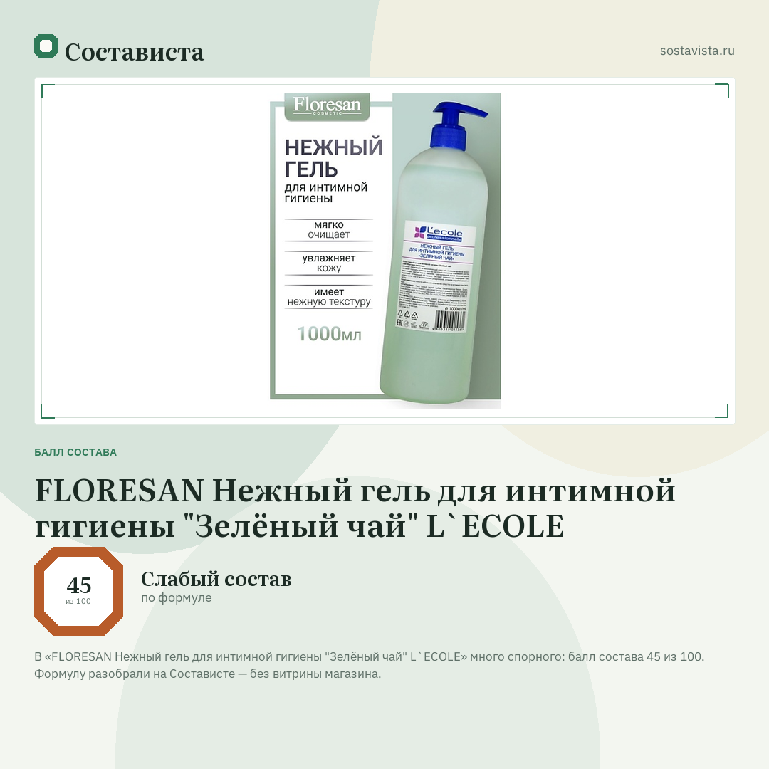 FLORESAN Нежный гель для интимной гигиены "Зелёный чай" L`ECOLE: балл состава 45 из 100 — Состависта