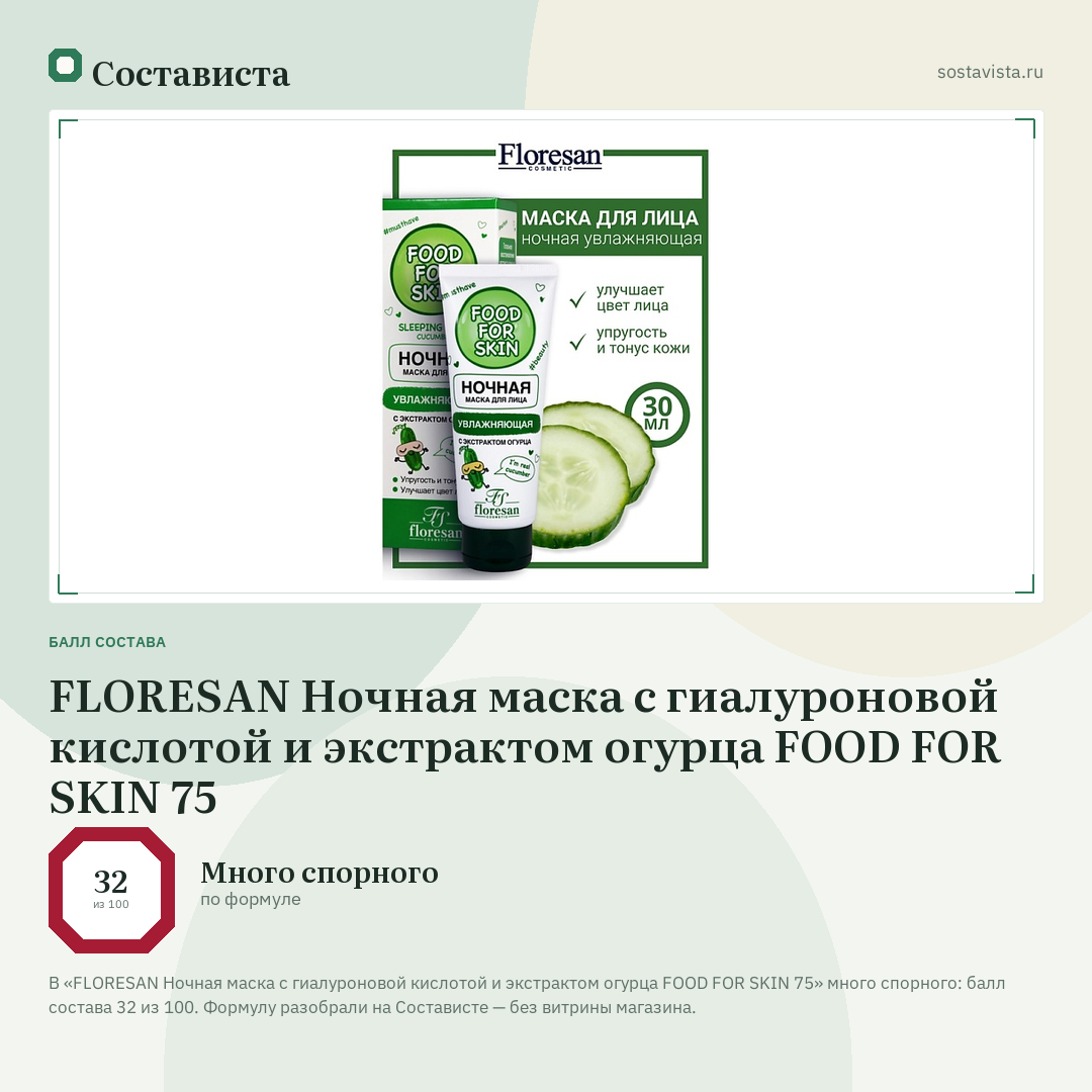 FLORESAN Ночная маска с гиалуроновой кислотой и экстрактом огурца FOOD FOR SKIN 75: балл состава 32 из 100 — Состависта