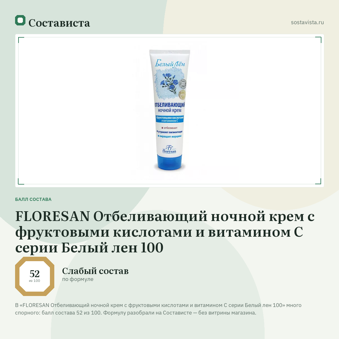 FLORESAN Отбеливающий ночной крем с фруктовыми кислотами и витамином С серии Белый лен 100: балл состава 52 из 100 — Состависта