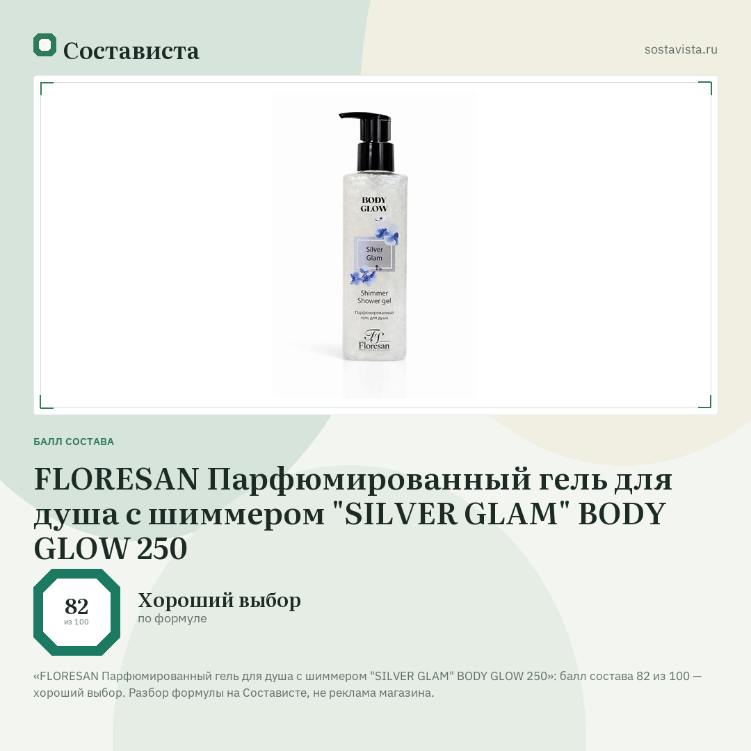 FLORESAN Парфюмированный гель для душа с шиммером "SILVER GLAM" BODY GLOW 250: балл состава 82 из 100 — Состависта