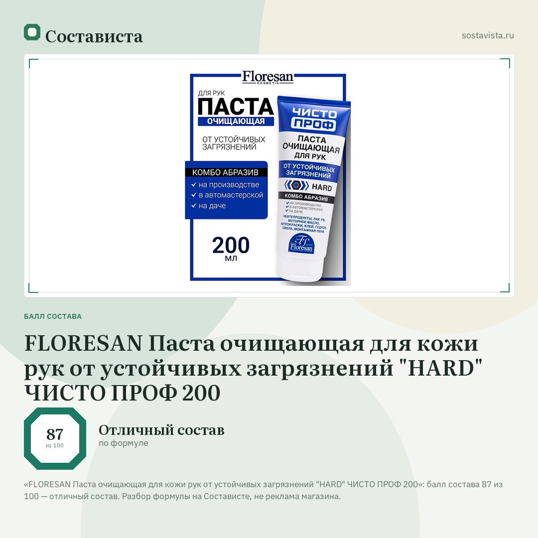 FLORESAN Паста очищающая для кожи рук от устойчивых загрязнений "HARD" ЧИСТО ПРОФ 200: балл состава 87 из 100 — Состависта