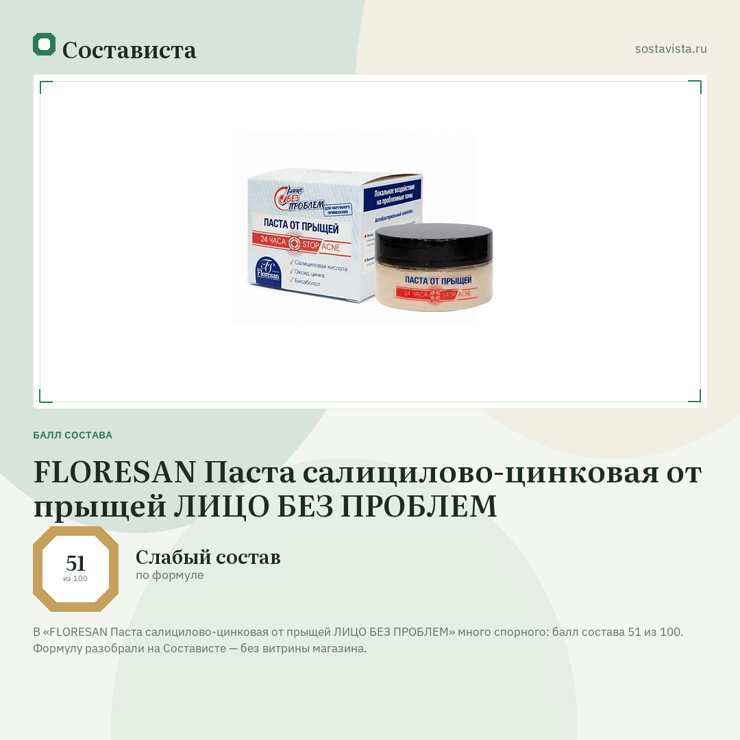 FLORESAN Паста салицилово-цинковая от прыщей ЛИЦО БЕЗ ПРОБЛЕМ: балл состава 51 из 100 — Состависта